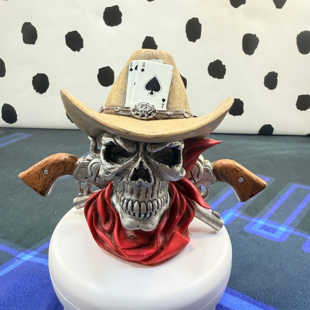 Hamilton Collection Dead Man's Hand Cowboy Skull Figurine 5" Tan Red Silver
